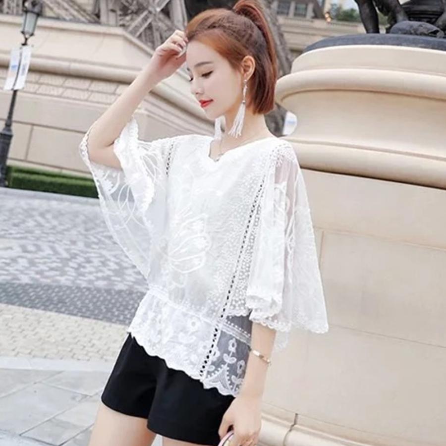 【本日限定】気質 韓国ファッション 長袖シャツ ドルマンスリーブ 白シャツ 花レース ギャザー ブラウス 体型カバー 刺繍 ゆったり 透け感