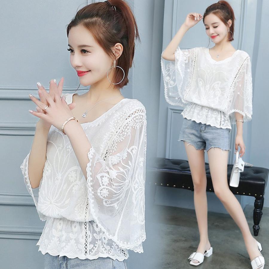 【本日限定】気質 韓国ファッション 長袖シャツ ドルマンスリーブ 白シャツ 花レース ギャザー ブラウス 体型カバー 刺繍 ゆったり 透け感