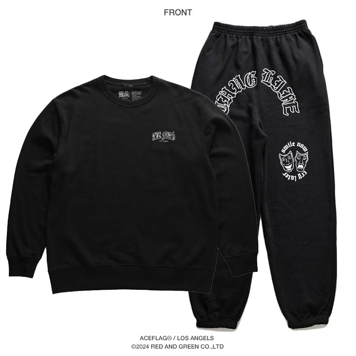 ACE FLAG 上下セット 長袖 ブランド スケボー メンズ 春秋冬用 黒 白 大きいサイズ エースフラッグ セットアップ トレーナー スウェット 裏パイル ACE