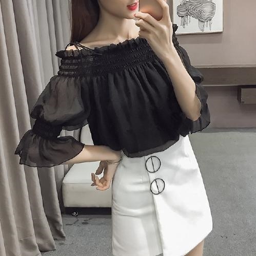 2257.肩リボンシフォンオフショルダートップス(ブラック) 2019 春夏 新作 大人 かわいい カジュアル OL 20代 30代 デート服 女子会