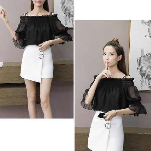 2257.肩リボンシフォンオフショルダートップス(ブラック) 2019 春夏 新作 大人 かわいい カジュアル OL 20代 30代 デート服 女子会