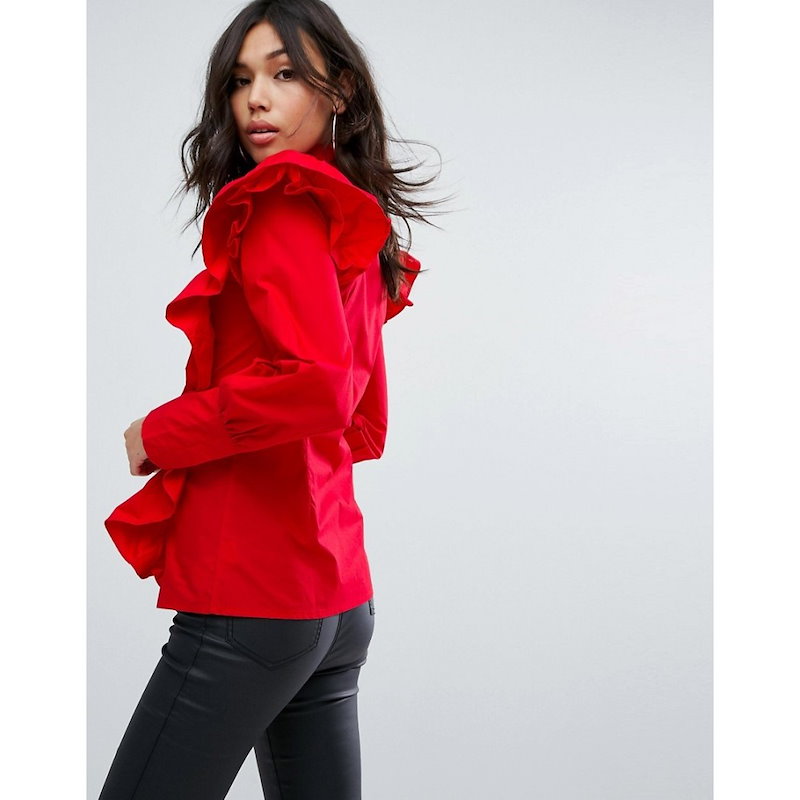 ブーフー レディース トップス ブラウス・シャツ【Boohoo Ruffle Shirt With Tassel Collar】Red ブーフー レディース トップス ブラウス・シャツ【Boohoo Ruffle Shirt With Tassel Collar】Red