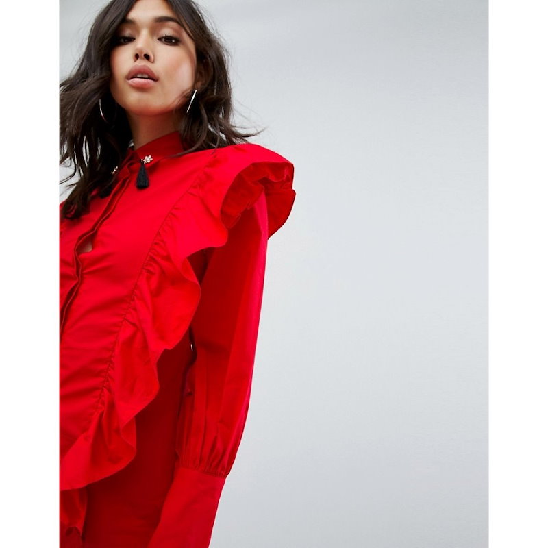 ブーフー レディース トップス ブラウス・シャツ【Boohoo Ruffle Shirt With Tassel Collar】Red ブーフー レディース トップス ブラウス・シャツ【Boohoo Ruffle Shirt With Tassel Collar】Red