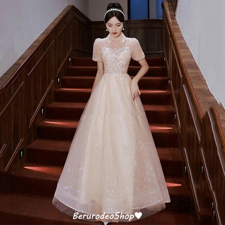 イブニングドレス シャンパン色 折り襟 可愛い ドレス スパンコール 輝く キレイめ ロングドレス 発表会ドレス パフスリーブ チュール プリンセスドレス オシャレ お呼ばれドレス 結婚式ドレス 二次