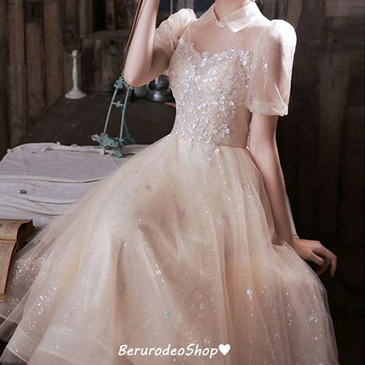 イブニングドレス シャンパン色 折り襟 可愛い ドレス スパンコール 輝く キレイめ ロングドレス 発表会ドレス パフスリーブ チュール プリンセスドレス オシャレ お呼ばれドレス 結婚式ドレス 二次