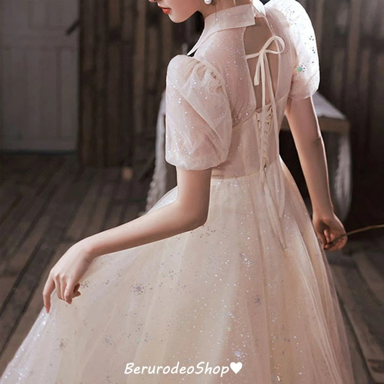 イブニングドレス シャンパン色 折り襟 可愛い ドレス スパンコール 輝く キレイめ ロングドレス 発表会ドレス パフスリーブ チュール プリンセスドレス オシャレ お呼ばれドレス 結婚式ドレス 二次