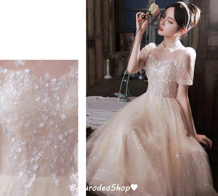 イブニングドレス シャンパン色 折り襟 可愛い ドレス スパンコール 輝く キレイめ ロングドレス 発表会ドレス パフスリーブ チュール プリンセスドレス オシャレ お呼ばれドレス 結婚式ドレス 二次