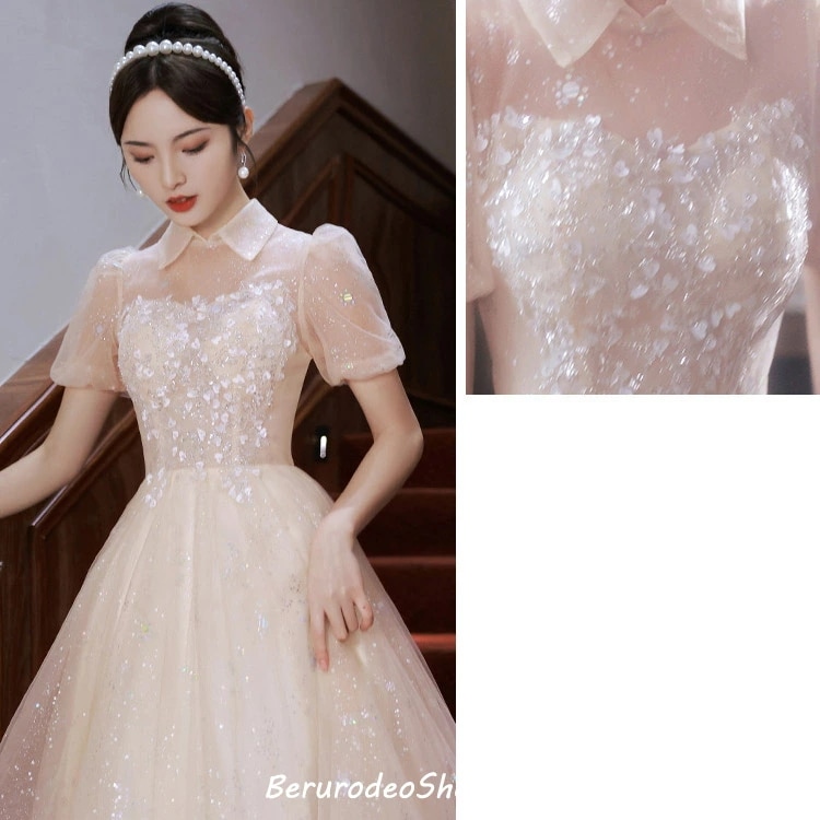 イブニングドレス シャンパン色 折り襟 可愛い ドレス スパンコール 輝く キレイめ ロングドレス 発表会ドレス パフスリーブ チュール プリンセスドレス オシャレ お呼ばれドレス 結婚式ドレス 二次