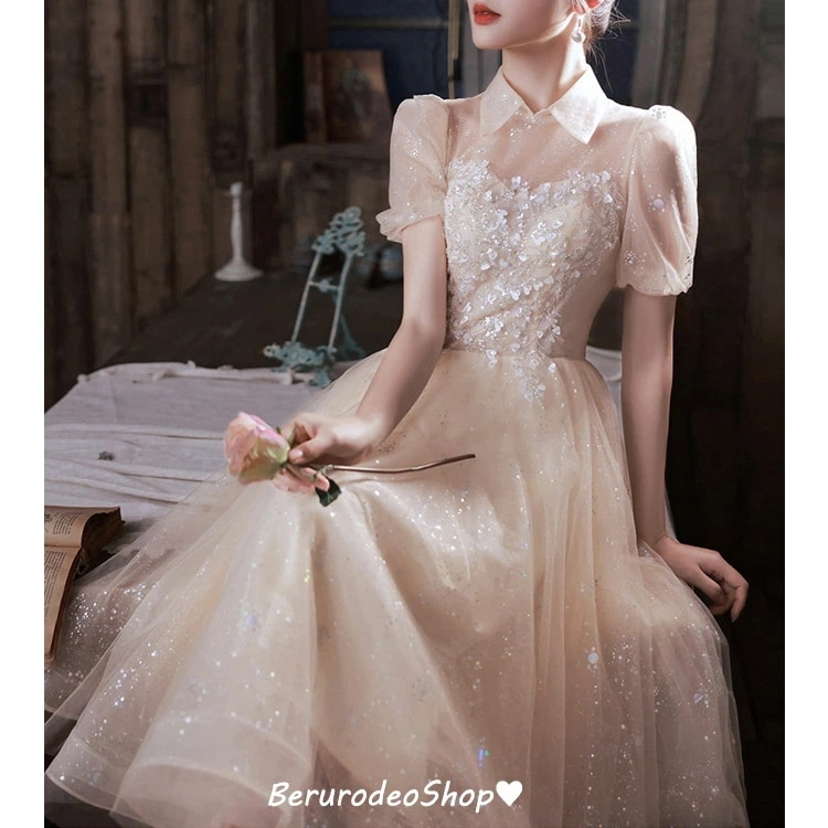 イブニングドレス シャンパン色 折り襟 可愛い ドレス スパンコール 輝く キレイめ ロングドレス 発表会ドレス パフスリーブ チュール プリンセスドレス オシャレ お呼ばれドレス 結婚式ドレス 二次