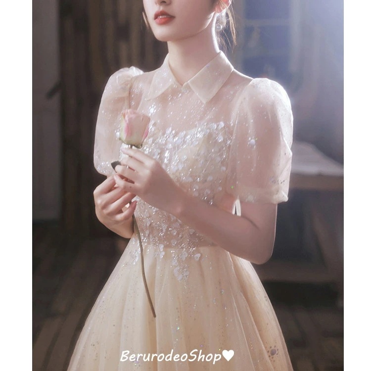 イブニングドレス シャンパン色 折り襟 可愛い ドレス スパンコール 輝く キレイめ ロングドレス 発表会ドレス パフスリーブ チュール プリンセスドレス オシャレ お呼ばれドレス 結婚式ドレス 二次