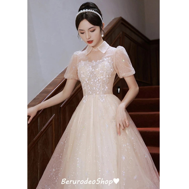 イブニングドレス シャンパン色 折り襟 可愛い ドレス スパンコール 輝く キレイめ ロングドレス 発表会ドレス パフスリーブ チュール プリンセスドレス オシャレ お呼ばれドレス 結婚式ドレス 二次