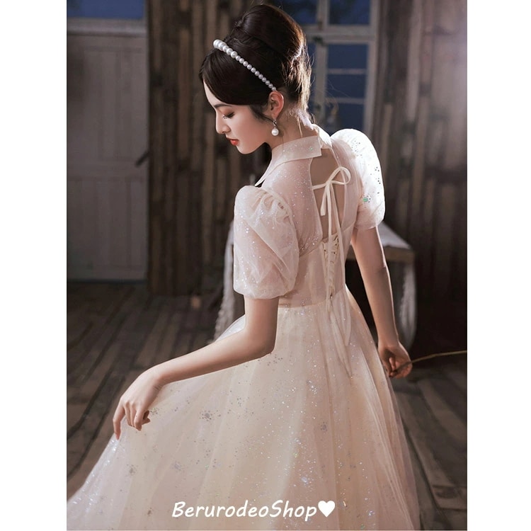 イブニングドレス シャンパン色 折り襟 可愛い ドレス スパンコール 輝く キレイめ ロングドレス 発表会ドレス パフスリーブ チュール プリンセスドレス オシャレ お呼ばれドレス 結婚式ドレス 二次