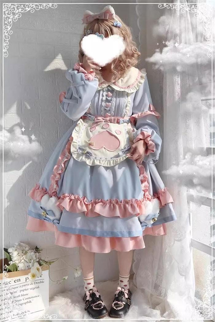 ロリータ ワンピース ガーリー Aライン Lolita レディース ブルー×ピンク S M L LL コスチューム かわいい フリル リボン 仮装 パーティ イベント