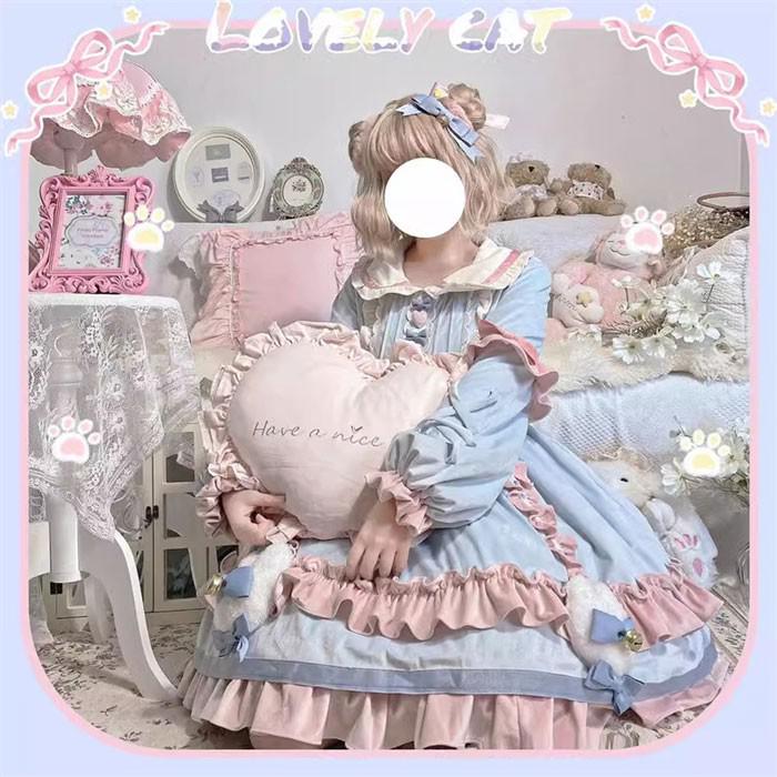 ロリータ ワンピース ガーリー Aライン Lolita レディース ブルー×ピンク S M L LL コスチューム かわいい フリル リボン 仮装 パーティ イベント