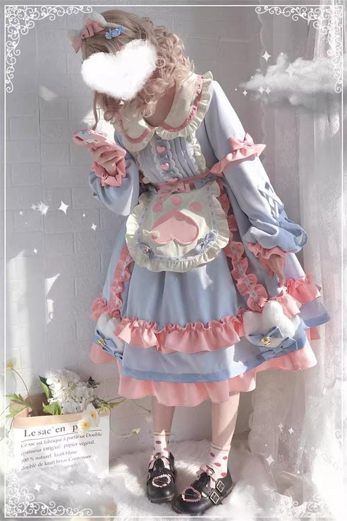 ロリータ ワンピース ガーリー Aライン Lolita レディース ブルー×ピンク S M L LL コスチューム かわいい フリル リボン 仮装 パーティ イベント