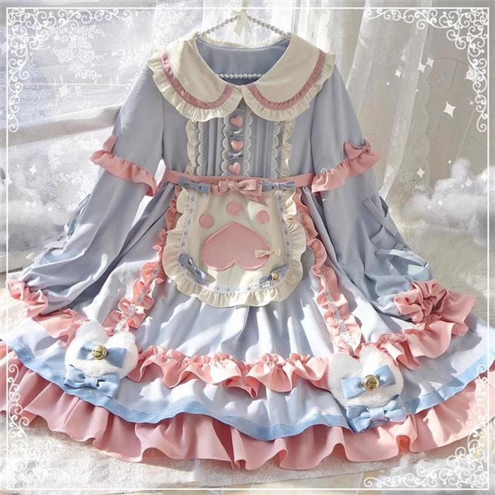 ロリータ ワンピース ガーリー Aライン Lolita レディース ブルー×ピンク S M L LL コスチューム かわいい フリル リボン 仮装 パーティ イベント