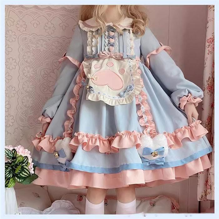 ロリータ ワンピース ガーリー Aライン Lolita レディース ブルー×ピンク S M L LL コスチューム かわいい フリル リボン 仮装 パーティ イベント