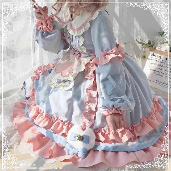 ロリータ ワンピース ガーリー Aライン Lolita レディース ブルー×ピンク S M L LL コスチューム かわいい フリル リボン 仮装 パーティ イベント