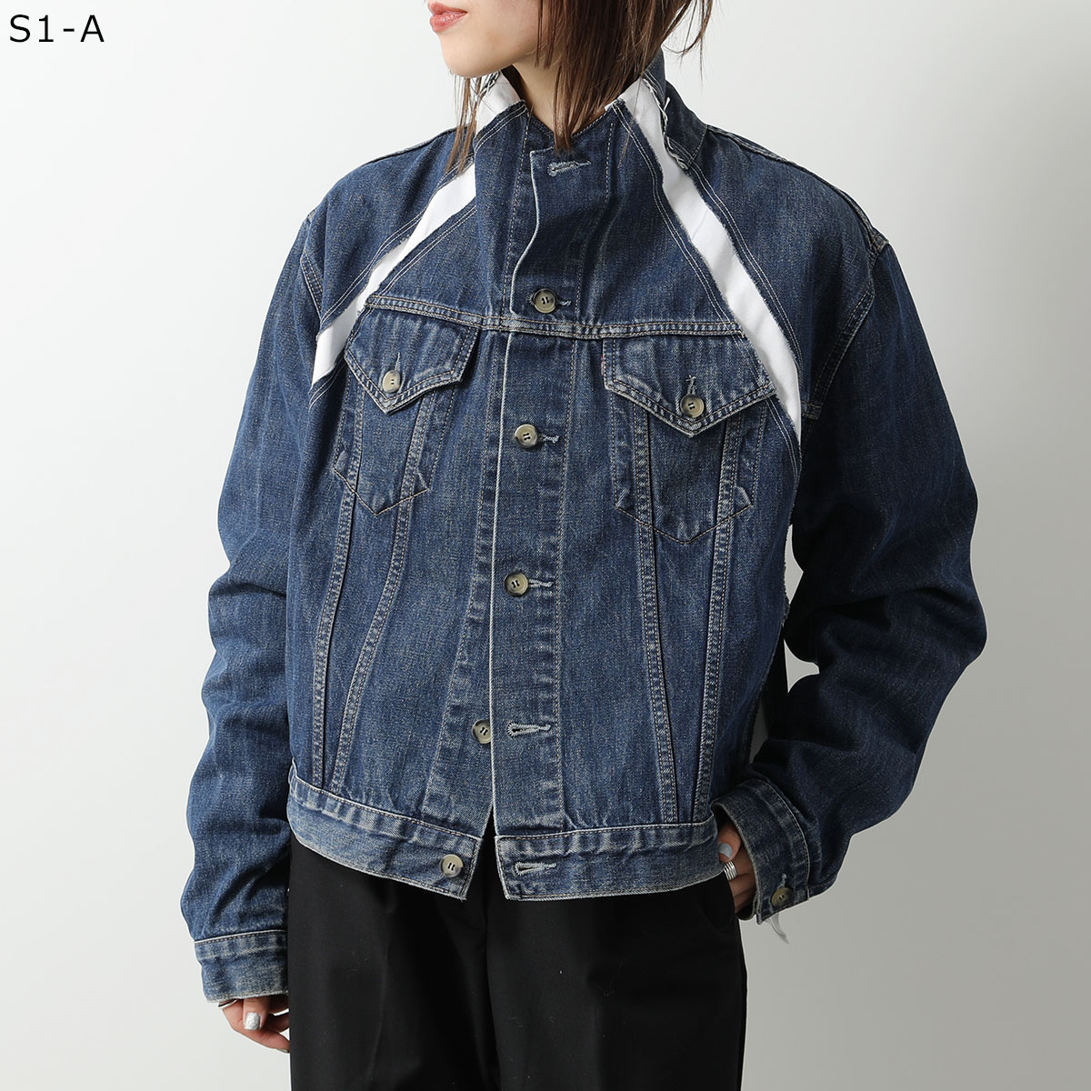 Lutz Huelle ルッツヒュエル デニム ジャケット TRACK DENIM JACKET レディース ウォッシュ スタンドネック 切替 ライン 001/WHITE