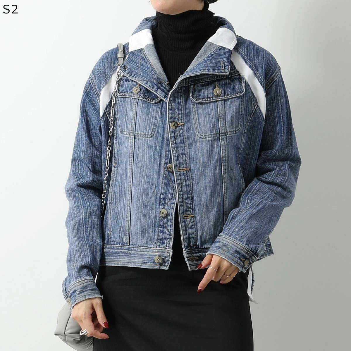 Lutz Huelle ルッツヒュエル デニム ジャケット TRACK DENIM JACKET レディース ウォッシュ スタンドネック 切替 ライン 001/WHITE