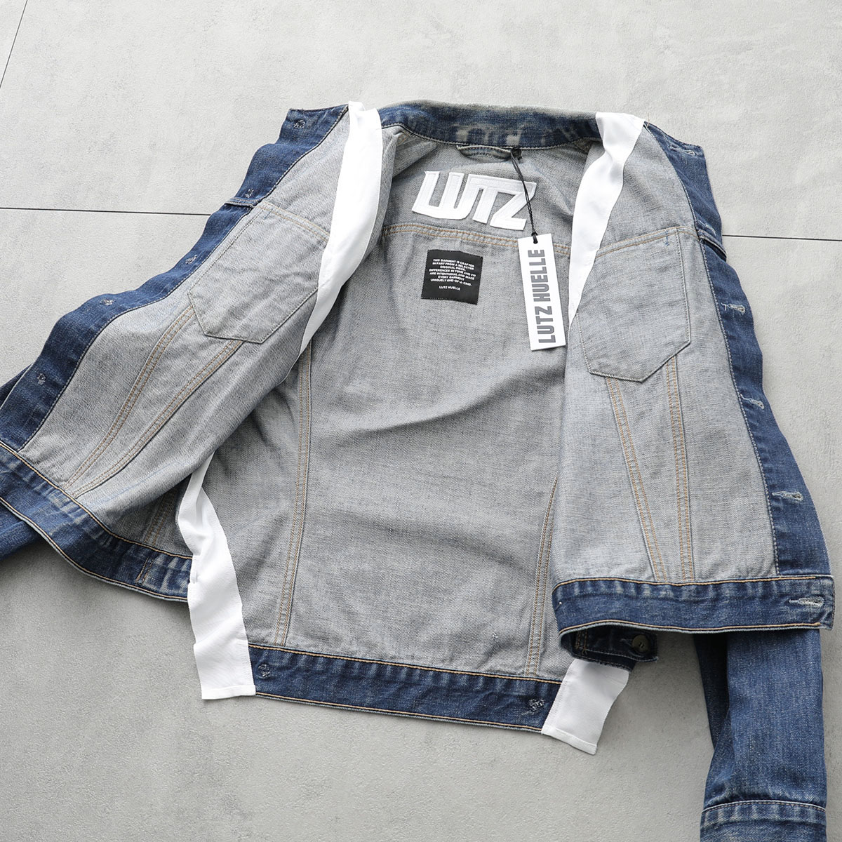 Lutz Huelle ルッツヒュエル デニム ジャケット TRACK DENIM JACKET レディース ウォッシュ スタンドネック 切替 ライン 001/WHITE