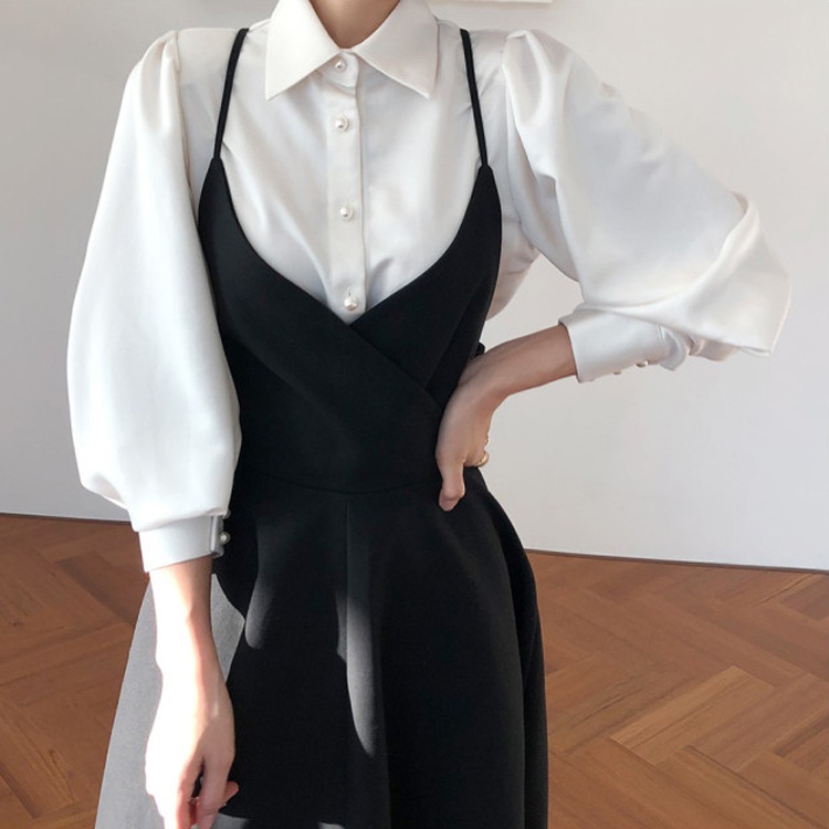 セットアップ パールボタンブラウス＆サスペンダー バックリボン ワンピース OHCA0161