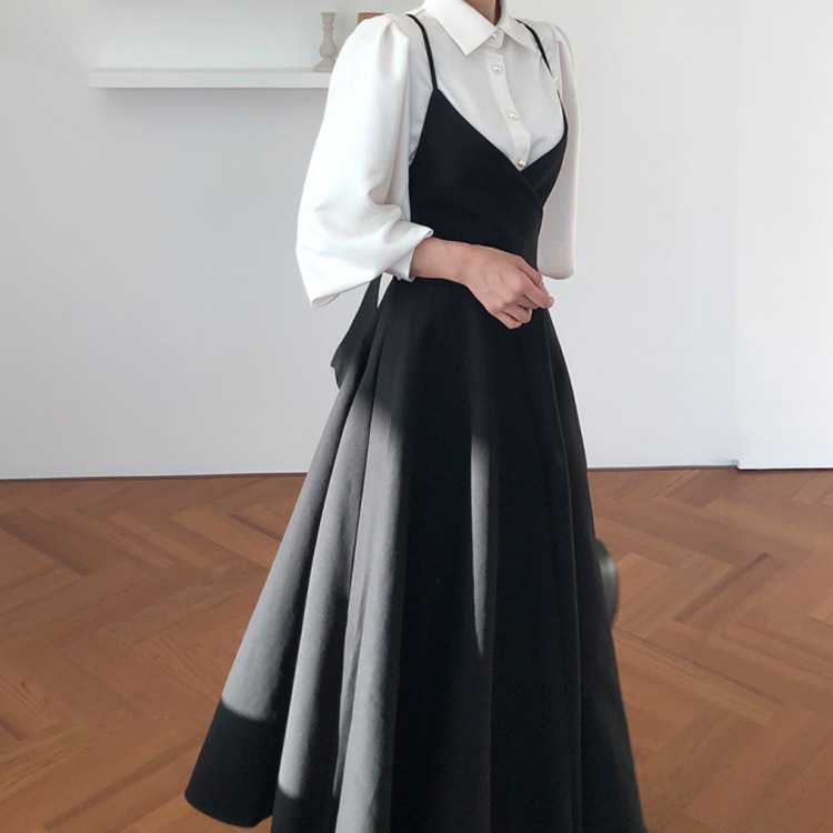 セットアップ パールボタンブラウス＆サスペンダー バックリボン ワンピース OHCA0161