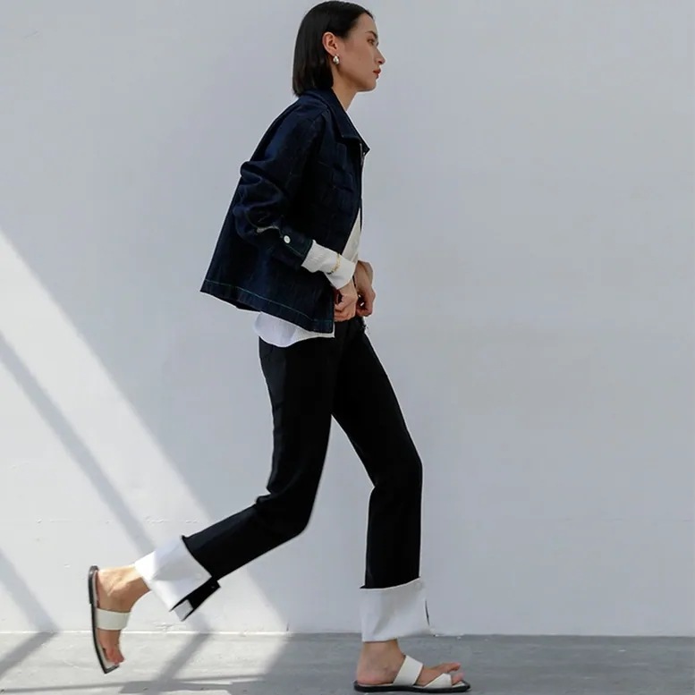 レディース パンツ ボトムス 裾コンシャスデザインパンツ 裾折り返し 配色 切り替え 裾スリット