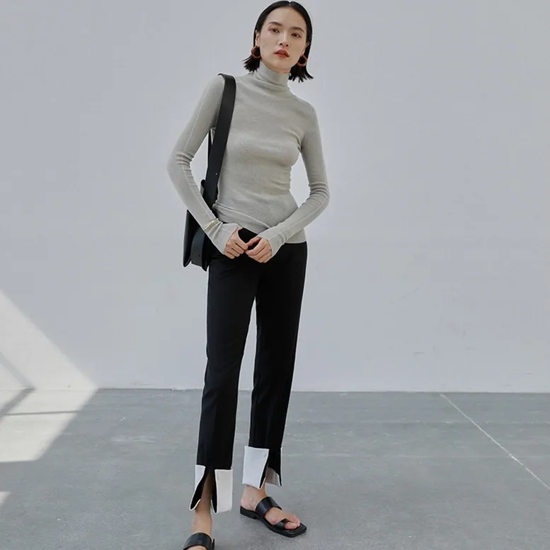 レディース パンツ ボトムス 裾コンシャスデザインパンツ 裾折り返し 配色 切り替え 裾スリット