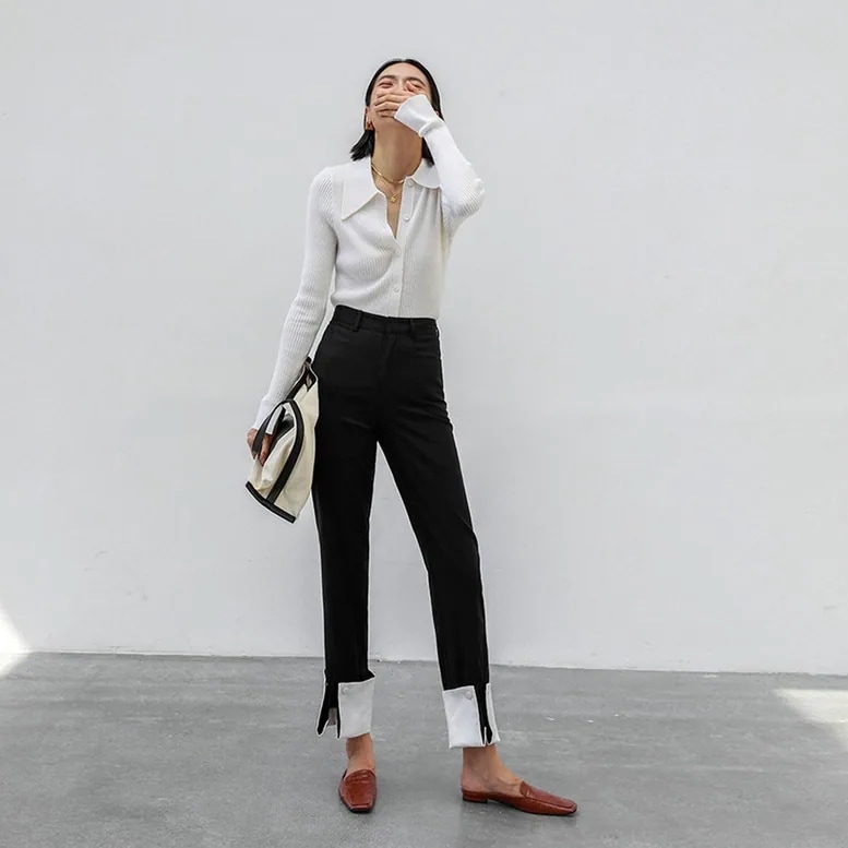 レディース パンツ ボトムス 裾コンシャスデザインパンツ 裾折り返し 配色 切り替え 裾スリット