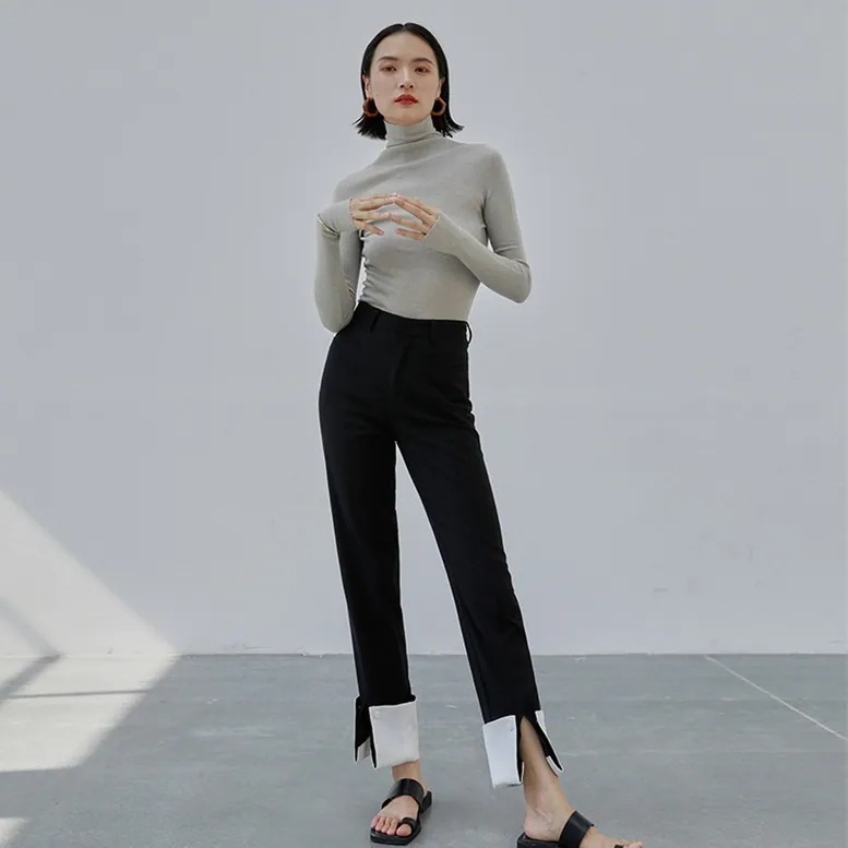 レディース パンツ ボトムス 裾コンシャスデザインパンツ 裾折り返し 配色 切り替え 裾スリット