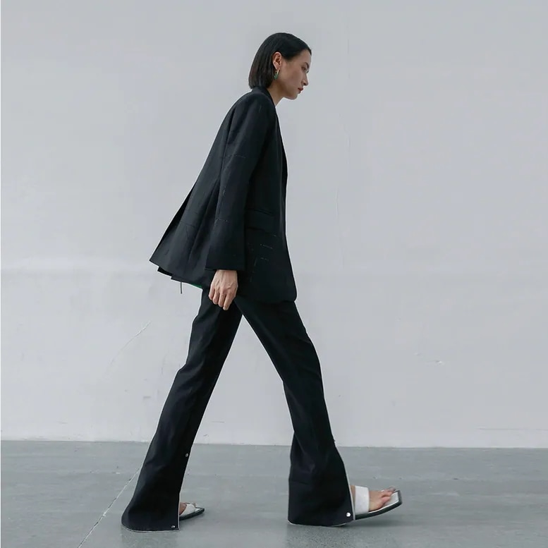レディース パンツ ボトムス 裾コンシャスデザインパンツ 裾折り返し 配色 切り替え 裾スリット