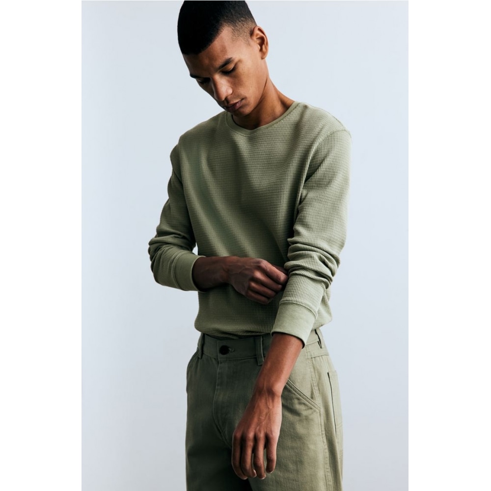 H&M スリムフィットワッフルジャージートップグリーン