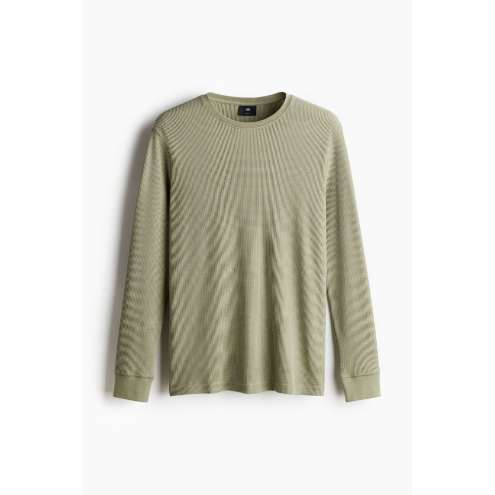 H&M スリムフィットワッフルジャージートップグリーン