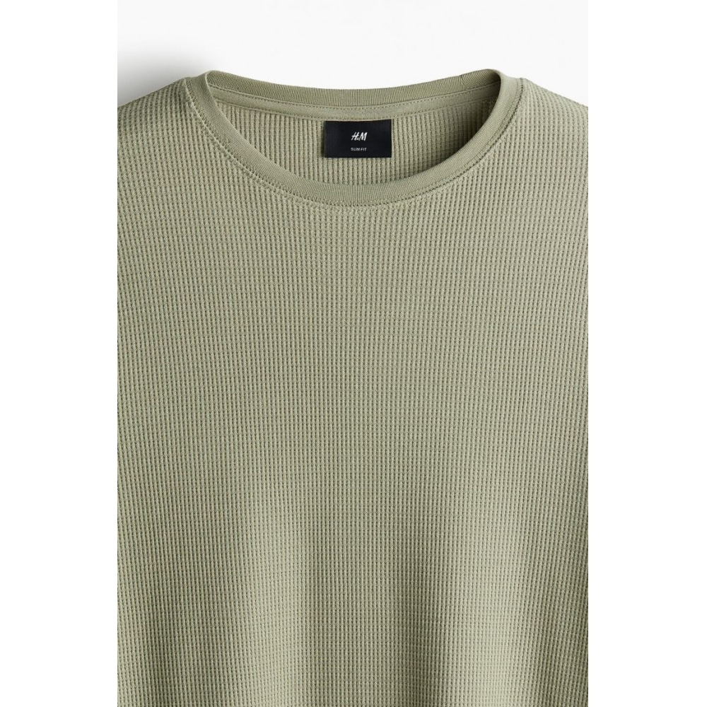 H&M スリムフィットワッフルジャージートップグリーン