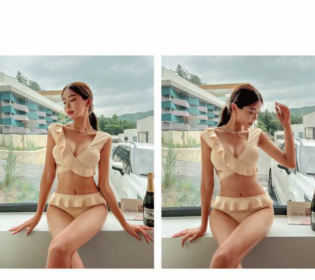 盛れる 水着 ビキニ レディース タンキニ 紐 体型カバー 三角ビキニ セパレート パッド付き クロス クロスバンド フリル バックリボン バックシャン セット ツーピース 上下セット かわいい 大人