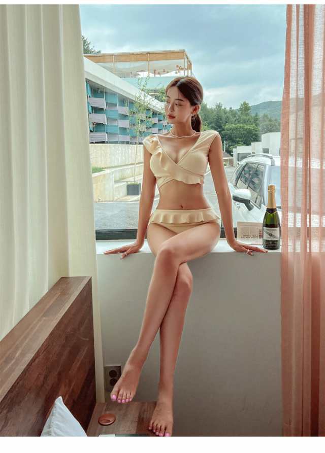 盛れる 水着 ビキニ レディース タンキニ 紐 体型カバー 三角ビキニ セパレート パッド付き クロス クロスバンド フリル バックリボン バックシャン セット ツーピース 上下セット かわいい 大人