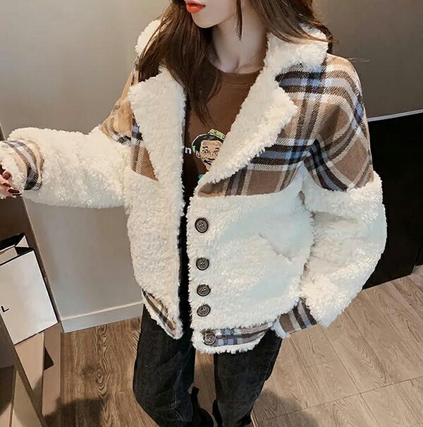 ボアジャケットレディース切り替え異素材Vネックショート丈ボアブルゾン着痩せ前開き千鳥格子柄ボタン付きもこもこふわふわジャケット防寒コート暖かいポケット付き冬ゆったりあったかおしゃれアウター