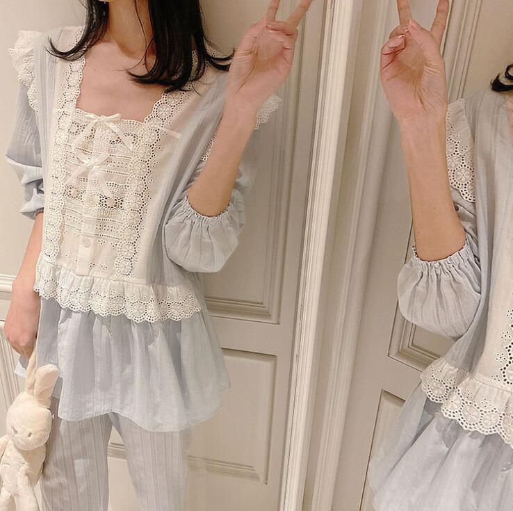 【本日限定】レディースパジャマ 可愛いパジャマセット 長袖 綿パジャマ 欧風部屋着 お姫風ルームウェア　上質感 ナイトウェア 上下セット レースパジャマ 天使風 寝巻き 着心地いい 2色 S-LL