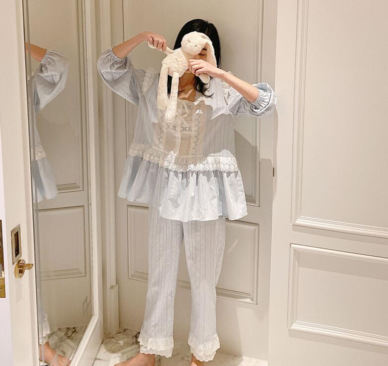 【本日限定】レディースパジャマ 可愛いパジャマセット 長袖 綿パジャマ 欧風部屋着 お姫風ルームウェア　上質感 ナイトウェア 上下セット レースパジャマ 天使風 寝巻き 着心地いい 2色 S-LL