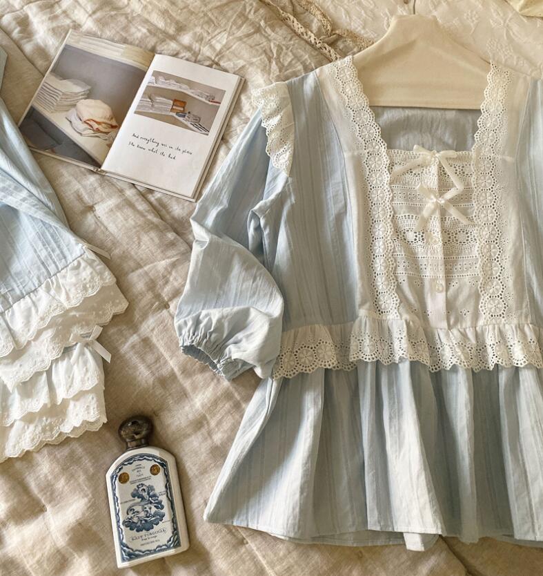 【本日限定】レディースパジャマ 可愛いパジャマセット 長袖 綿パジャマ 欧風部屋着 お姫風ルームウェア　上質感 ナイトウェア 上下セット レースパジャマ 天使風 寝巻き 着心地いい 2色 S-LL