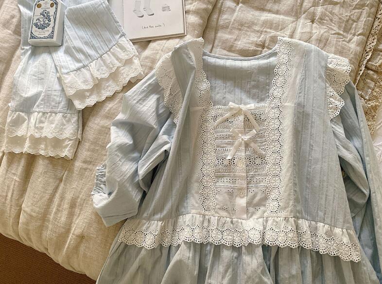 【本日限定】レディースパジャマ 可愛いパジャマセット 長袖 綿パジャマ 欧風部屋着 お姫風ルームウェア　上質感 ナイトウェア 上下セット レースパジャマ 天使風 寝巻き 着心地いい 2色 S-LL