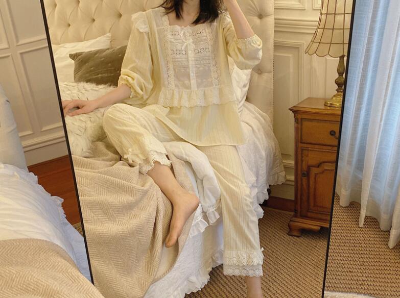 【本日限定】レディースパジャマ 可愛いパジャマセット 長袖 綿パジャマ 欧風部屋着 お姫風ルームウェア　上質感 ナイトウェア 上下セット レースパジャマ 天使風 寝巻き 着心地いい 2色 S-LL