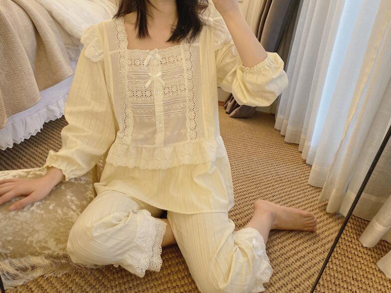 【本日限定】レディースパジャマ 可愛いパジャマセット 長袖 綿パジャマ 欧風部屋着 お姫風ルームウェア　上質感 ナイトウェア 上下セット レースパジャマ 天使風 寝巻き 着心地いい 2色 S-LL