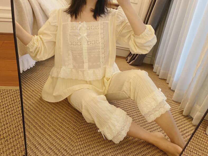 【本日限定】レディースパジャマ 可愛いパジャマセット 長袖 綿パジャマ 欧風部屋着 お姫風ルームウェア　上質感 ナイトウェア 上下セット レースパジャマ 天使風 寝巻き 着心地いい 2色 S-LL