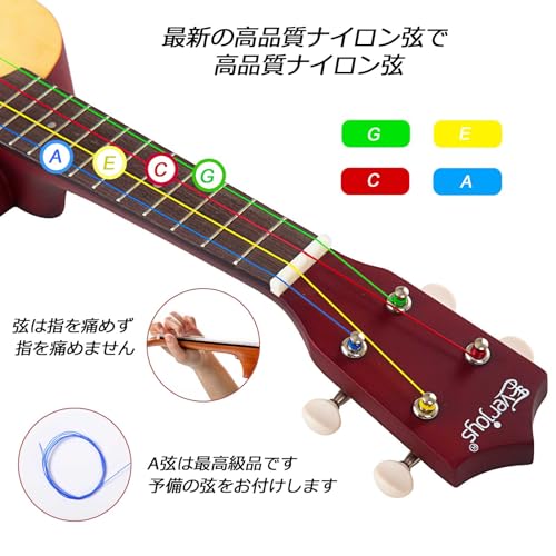 ソプラノウクレレ ビギナーパック 21インチ 虹弦付き 木製ウクレレ ギグバッグ 速習ソングブック ピック オールインワンキット