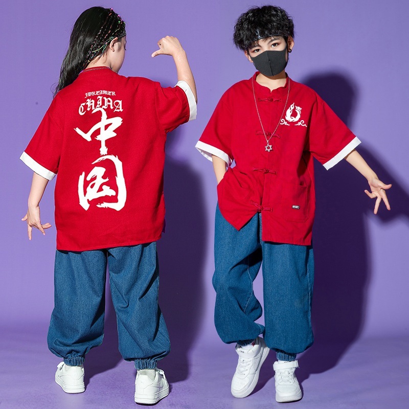全国トレンドストリートダンスパフォーマンス服男性と女性ヒップホップ半袖漢服スーツ子供ヒップホップドラムセット中国風の服