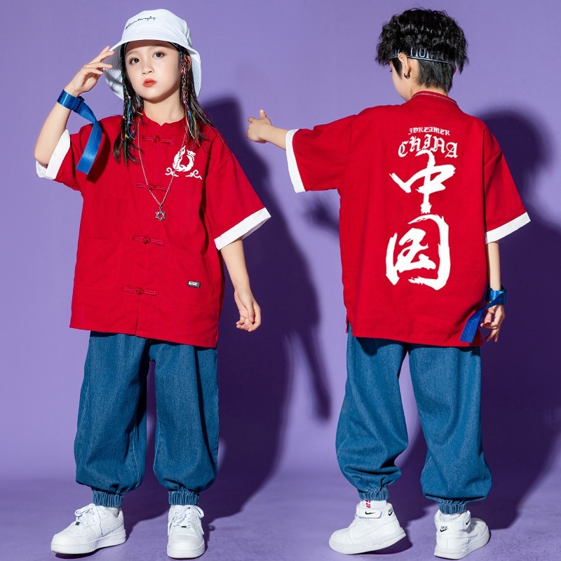 全国トレンドストリートダンスパフォーマンス服男性と女性ヒップホップ半袖漢服スーツ子供ヒップホップドラムセット中国風の服