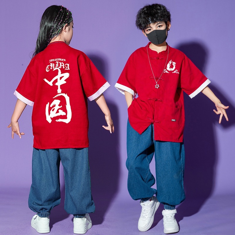 全国トレンドストリートダンスパフォーマンス服男性と女性ヒップホップ半袖漢服スーツ子供ヒップホップドラムセット中国風の服