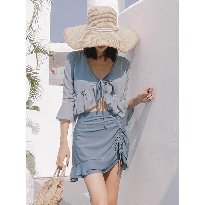 水着 レディースハイウエスト体型カバー フリルセパレートビキニ クロスバンド 羽織スカート露出控えパッド付 大きいサイズ 海 プール